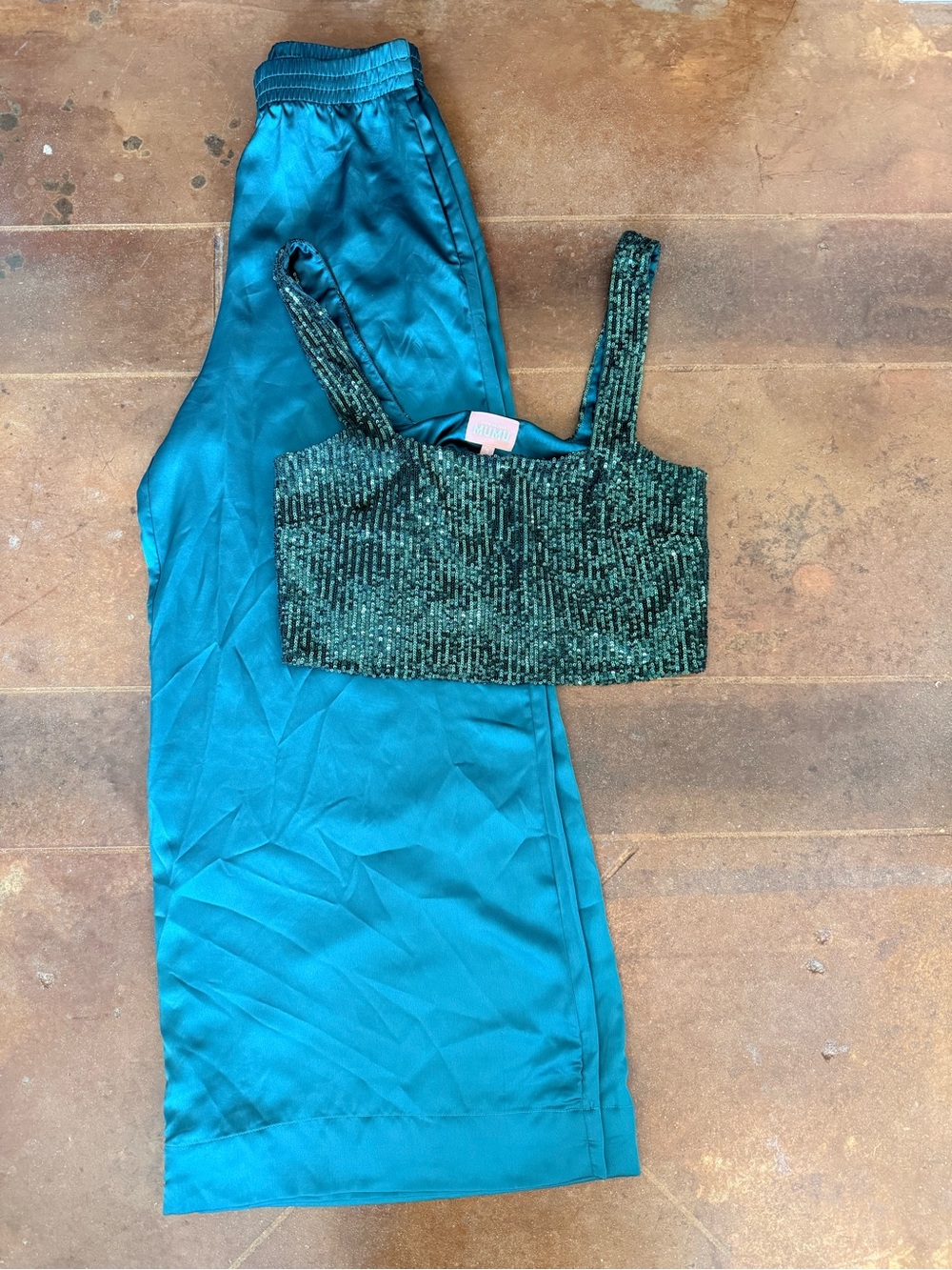 Show Me Your MuMu Teal Satin Pants and Emerald Sequin Crop Top Set